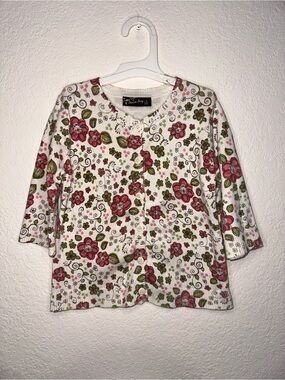 y2k Sweet Ivy Button-Up Floral Cardigan Sweater - White with Pink Flowers Size 4